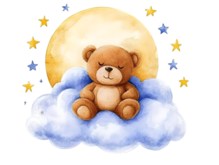 Watercolor Illustration of Teddy Bear on Cloud with Moon and Stars