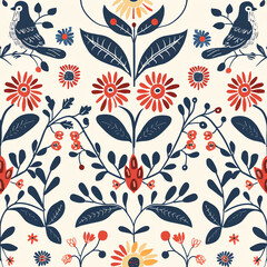 Scandinavian Folk Art Floral and Bird Pattern Seamless Textile Design