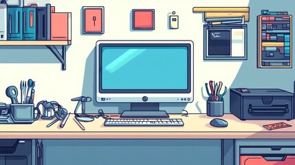 Digital workspace, computer desk, organized supplies, sunny room, interior design, illustration