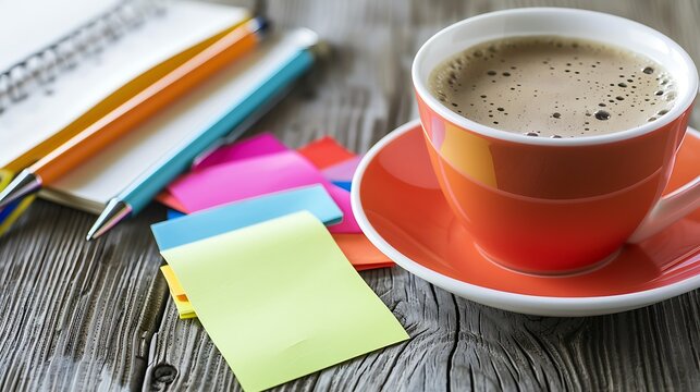 Creative workspace concept: Bright cup of coffee with notepad and colorful stationery