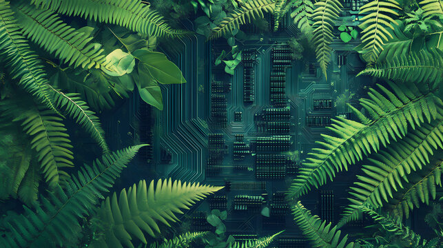 Lush ferns growing on tech, jungle backdrop; nature tech concept. [Gilded Mechanica] | Circuit Ferns | binary growth. Illustration