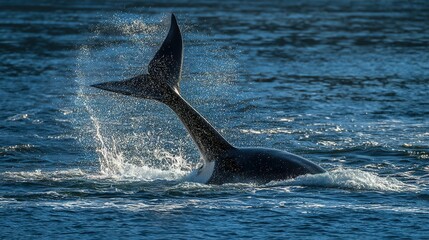 Fototapeta premium Orca tail splash in deep ocean waters.