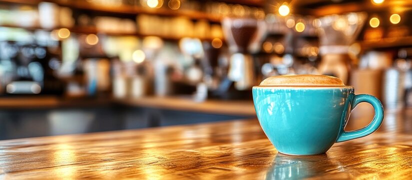 a turquoise coffee cup filled with creamy cappuccino set against the bokeh-lit backdrop of a cozy cafe promises a moment of caffeinated bliss and relaxation