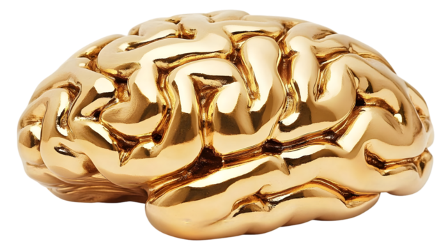 3D Illustration of a Gold Brain Isolated on Transparent Background