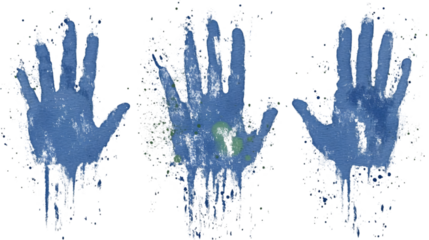 Abstract Watercolor Illustration of Three Blue Painted Hands On Transparent Background
