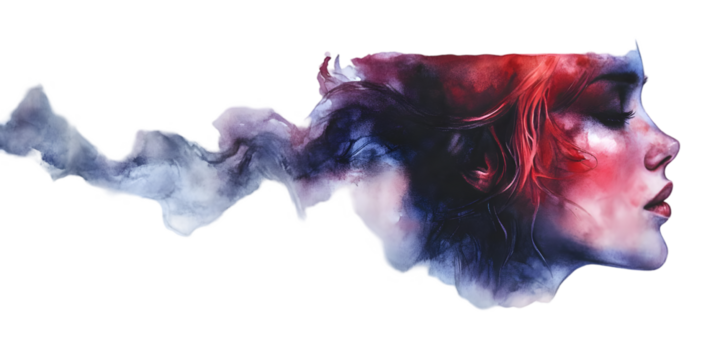 Abstract Watercolor Illustration of Woman Profile in Red and Blue Tones - Powered by Adobe