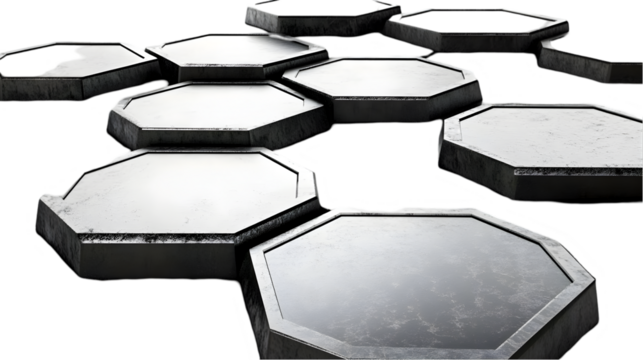 3D Illustration Metallic Hexagon Shapes Isolated On Transparent Background
