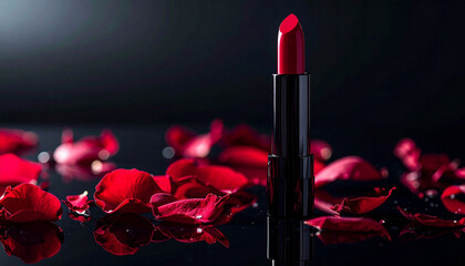 A designer lipstick with a velvet red bullet, standing upright on a reflective black acrylic