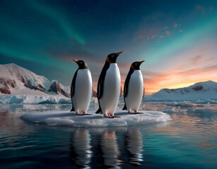 Obraz premium Majestic penguins standing on ice floe against stunning sunset and northern lights, creating serene and captivating scene