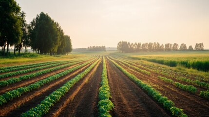 Cultivated Farmland Rows with Green Crops and Trees in Countryside Under Clear Sky