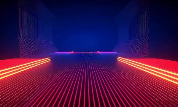 Digital background featuring neon lights and code patterns on a dark backdrop, creating an atmosphere of futuristic technology and digital innovation. 