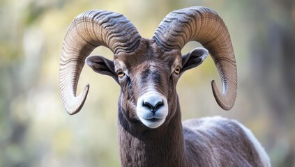 a majestic bighorn ram stares intently with impressive curved horns against a soft focus background exuding strength and wilderness charm