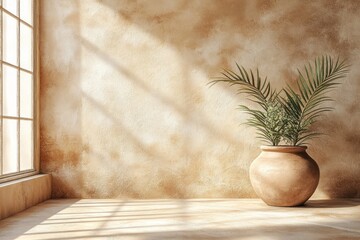 Warm, sunlit interior space with potted plant.