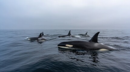 Fototapeta premium A group of orcas moving through a misty sea.