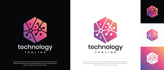 Technology connection hexagon logo design. Technology connection logo template. Technology logo symbol icon	