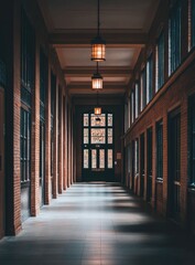 Long, brick-walled hallway with arched ceiling.  Dark,  wooden doors and windows line both sides.  Sunlight streams through a large arched window