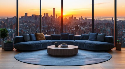 Modern living room with panoramic city view at sunrise.