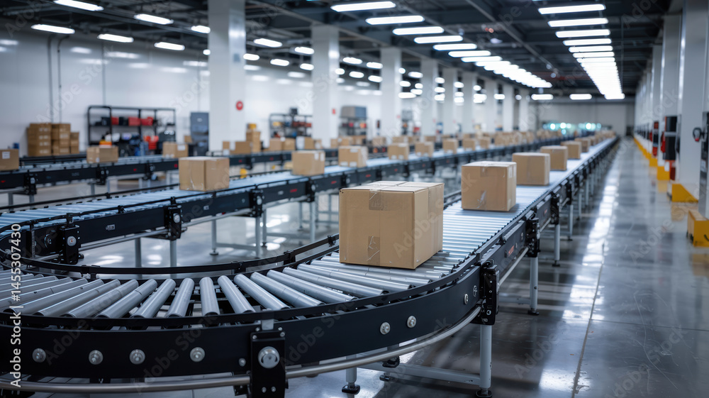 Poster modern warehouse conveyor system efficiently moves cardboard boxes through facility using advanced c