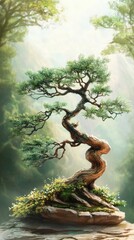 Artistic Bonsai Tree on Rock for Serene Aesthetic, Website and Print Design