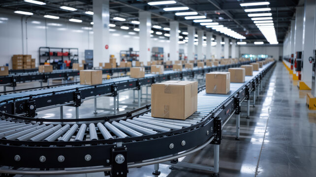 Modern warehouse conveyor system efficiently moves cardboard boxes through facility using advanced computer and engineering technology
