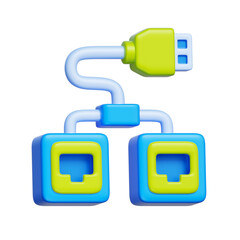 3D icon of Ethernet ports and cables, representing wired network connection and LAN infrastructure.
