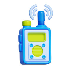 3D icon of a pair of walkie talkies with signal waves, representing short-distance communication, two-way radio devices, and emergency networking.