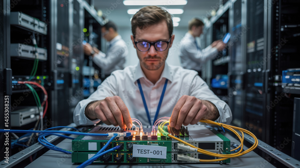 Poster computer engineering technician works with fiber optic cables in server room focused on connecting a