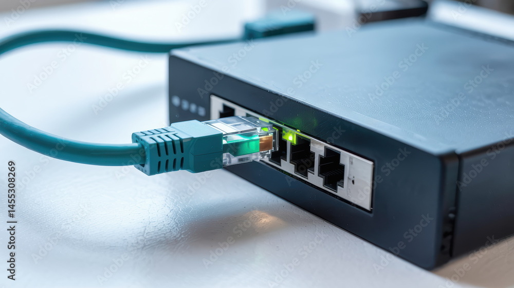 Poster network cable connected to black router with glowing green light symbolizing computer engineering an
