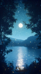 Fototapeta premium Moonlit Serenity: A Starlit Landscape Blending Earth and Sky in Nocturnal Harmony