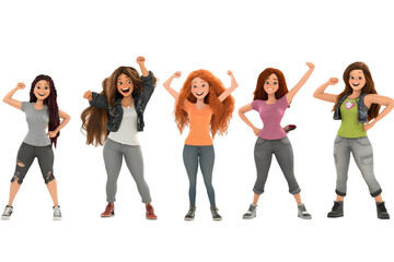 Obraz premium Cartoon Illustration Of Five Women Posing with Arms Raised with Transparent Background