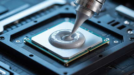 Thermal paste is applied on computer processor to improve heat transfer and ensure efficient engineering cooling performance in electronic devices