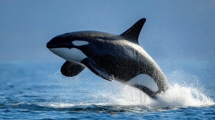 Fototapeta premium Powerful orca leaping gracefully above water.