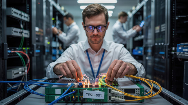 Computer engineering technician works with fiber optic cables in server room focused on connecting and testing network hardware equipment