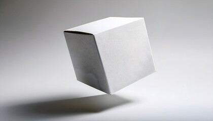 White cardboard box template on white background, floating slightly with soft drop shadow