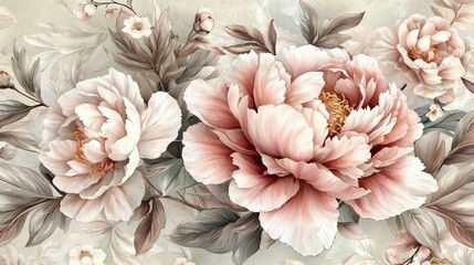 Seamless Watercolor Wallpaper Design Delicate Peony Flowers and Leaf Background for Greeting Cards