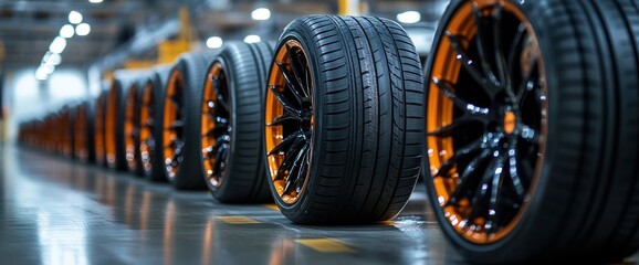 row of new tires with custom rims in a warehouse featuring glossy black spokes and a vibrant orange accent for automotive or industrial applications
