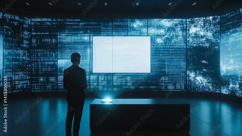 Poster silhouette of a businessman standing in front of a futuristic data wall display