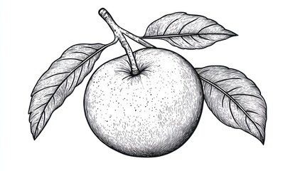Hand-drawn illustration of an apple with leaves. Botanical fruit graphic