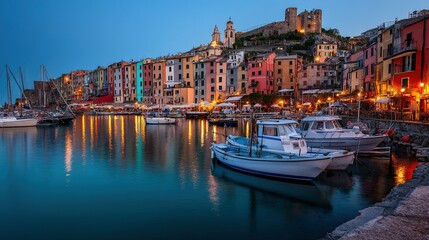 Colorful waterfront town at twilight with moored boats.