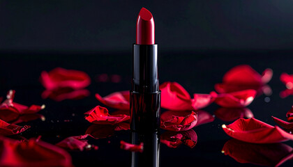 A designer lipstick with a velvet red bullet, standing upright on a reflective black acrylic