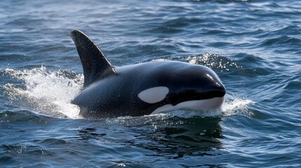 Fototapeta premium Dark orca, powerful and elegant, gracefully swimming in ocean waves.