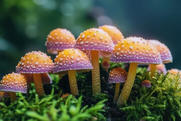 Mushrooms grow on mossy surface after rainfall