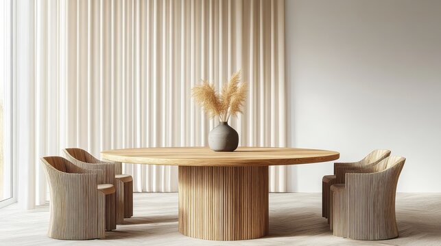Modern dining room with a large wooden table.