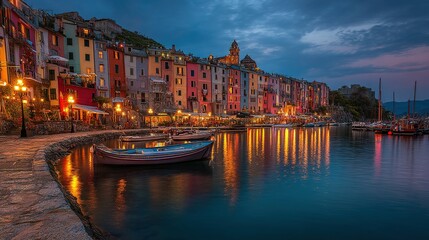 Fototapeta premium Colorful waterfront town at dusk reflecting in the water.
