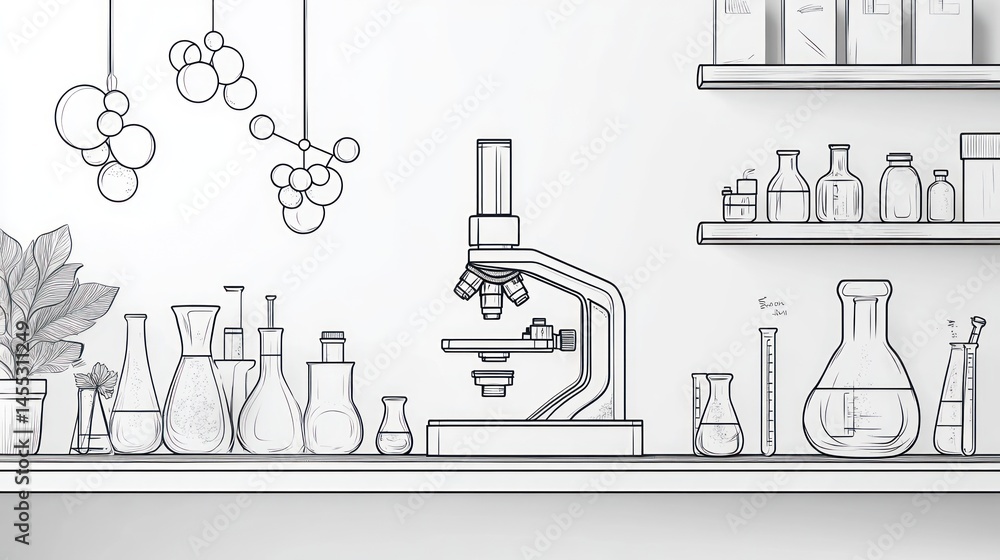 Poster line drawing of a science lab with microscope and beakers