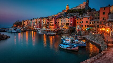 Vibrant coastal town at dusk, reflecting in the water.
