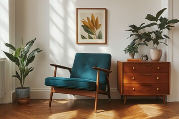 Stylish teal armchair in a sunlit living room.