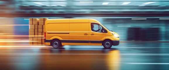 a dynamic shot of a vibrant yellow delivery van speeding along a city street with blurred motion showcasing fast shipping and logistics solutions