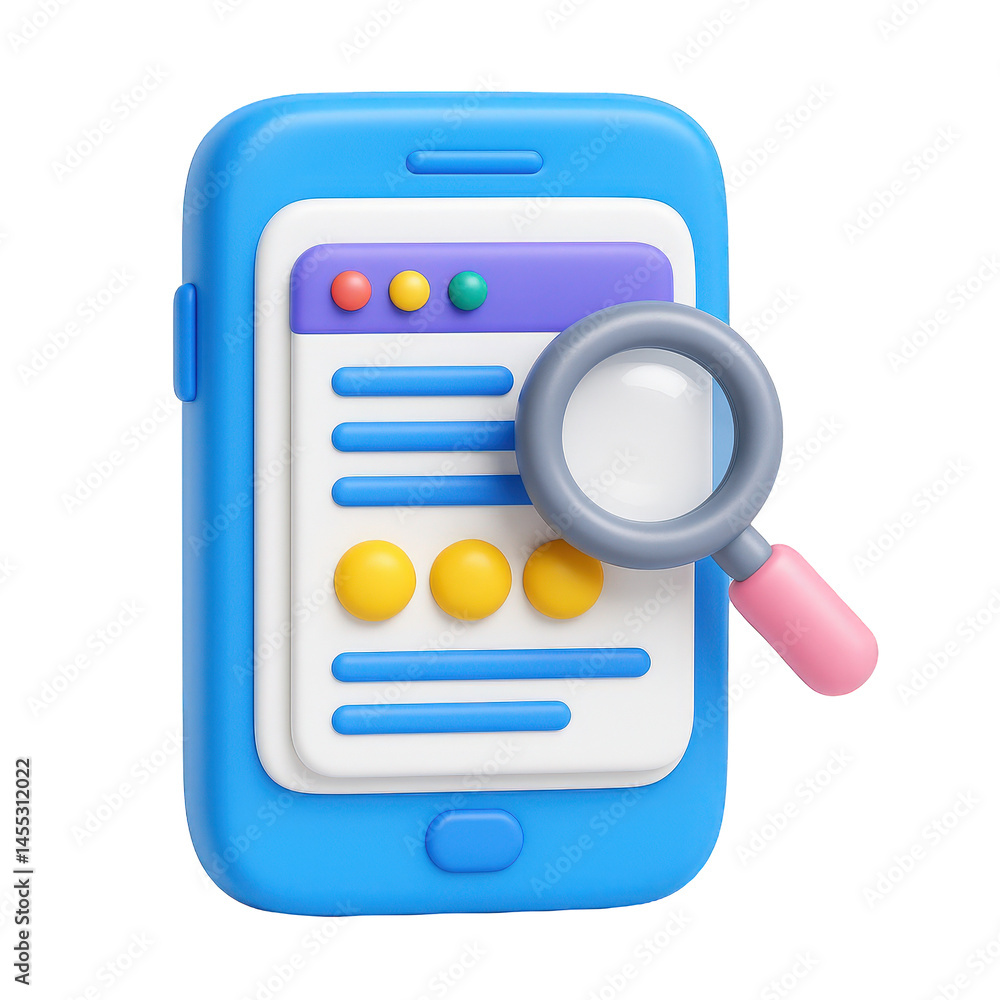 Poster visualizing mobile search and analysis a vibrant blue smartphone screen with a magnifying glass in a