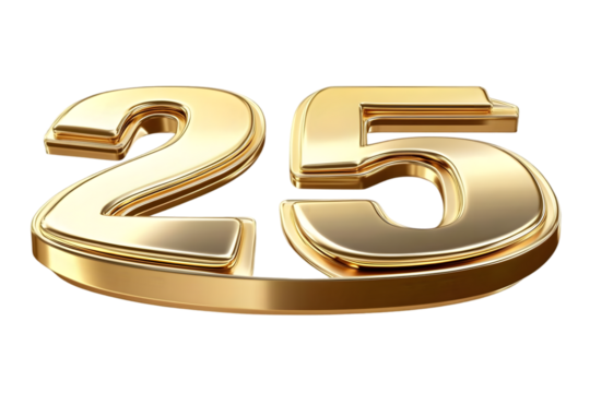 3D Rendered Shiny Gold Metallic Number Twenty Five Isolated on Transparent Background